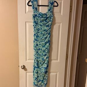 Elegant Floral Blue and Green Midi Dress